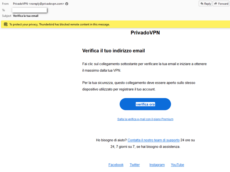 PrivadoVPN gratuita email di conferma 