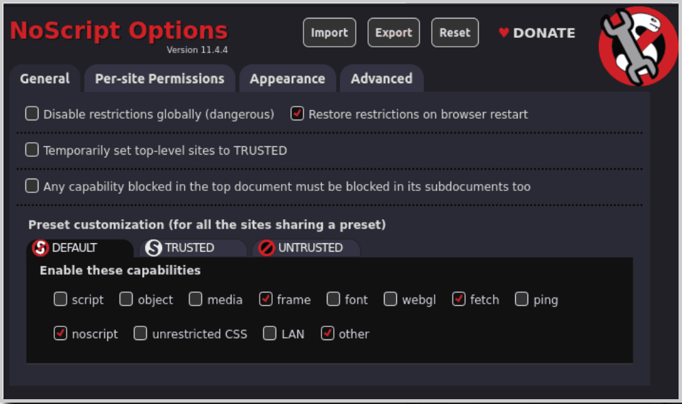 NoScript Opzioni