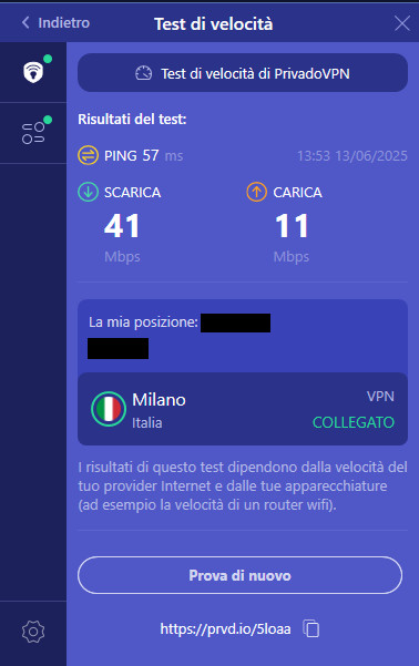 PrivadoVPN  Test velocità